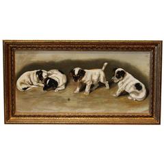 19th Century Oil Painting on Canvas of Puppies
