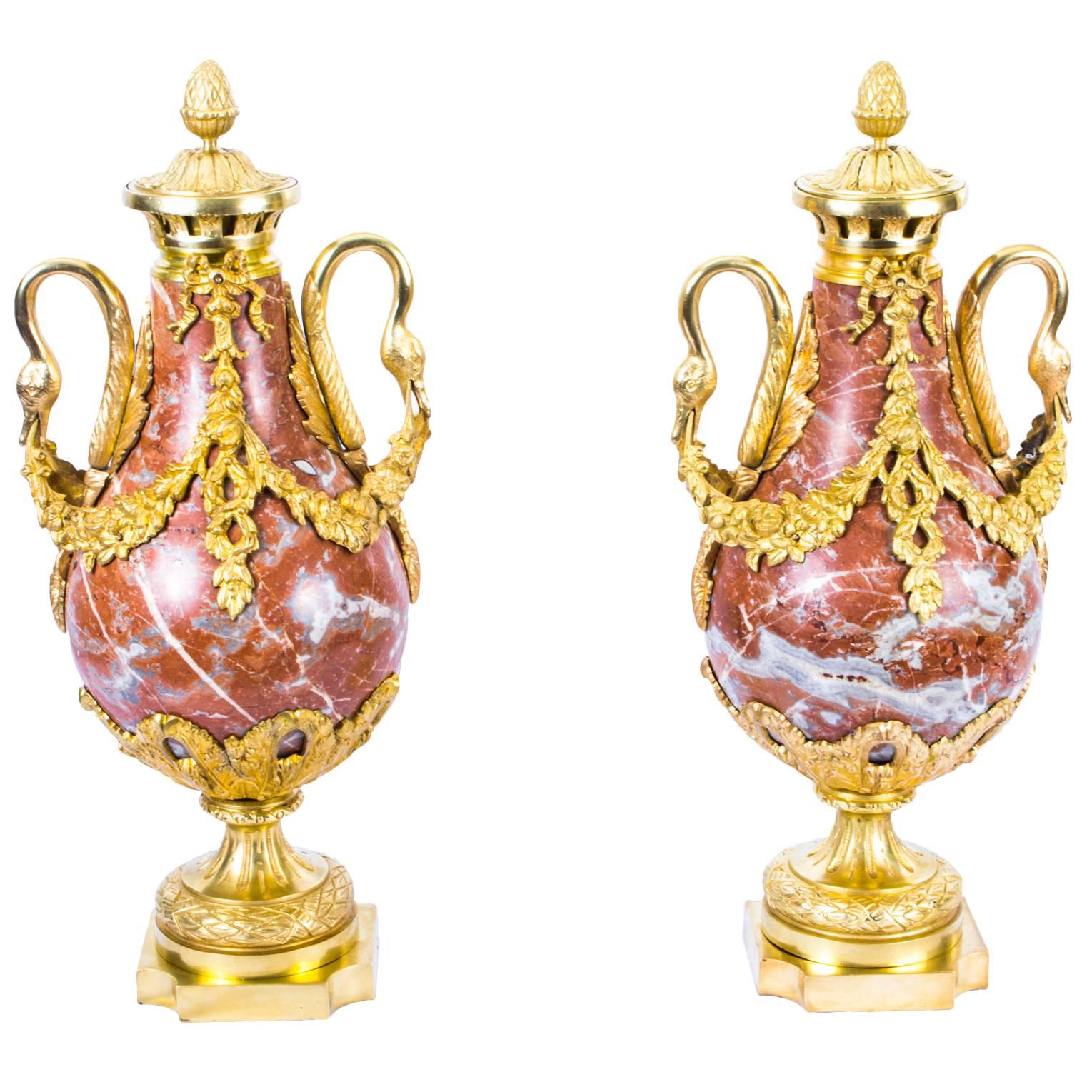 19th Century Pair of Louis XV French Rouge Marble Urns