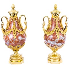 19th Century Pair of Louis XV French Rouge Marble Urns