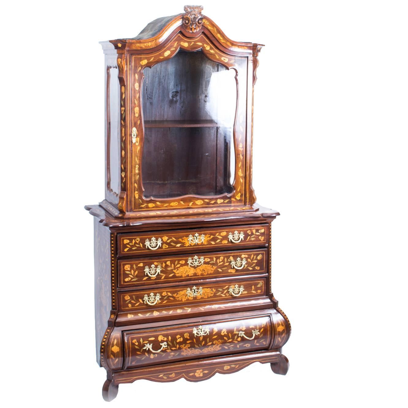 18th Century Dutch Marquetry Walnut Cabinet on Chest For Sale