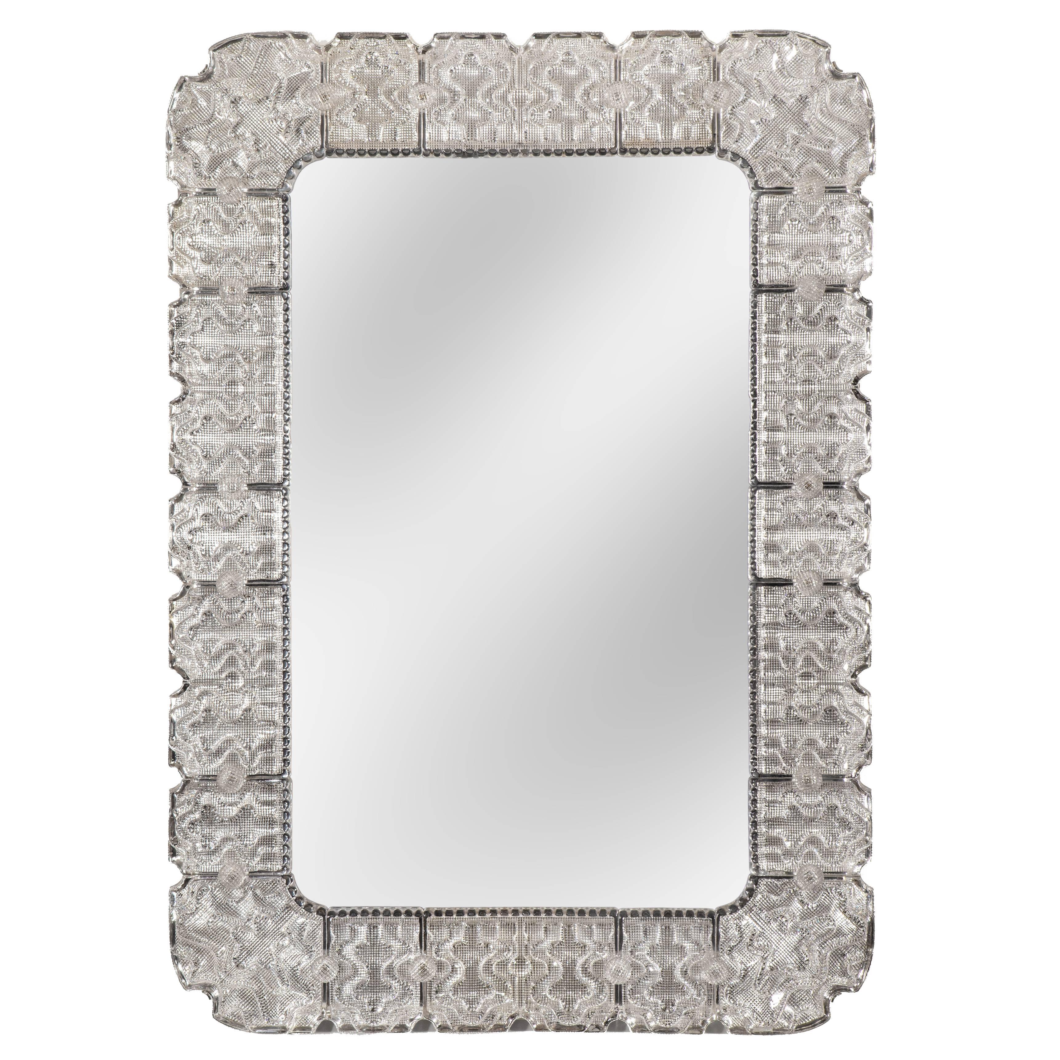 Carl Fagerlund for Orrefors, Large Swedish Textured Silvered Glass Frame Mirror For Sale