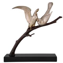Vintage Art Deco Bronze Love Doves Bird Sculpture by Becquerel, 1930 France