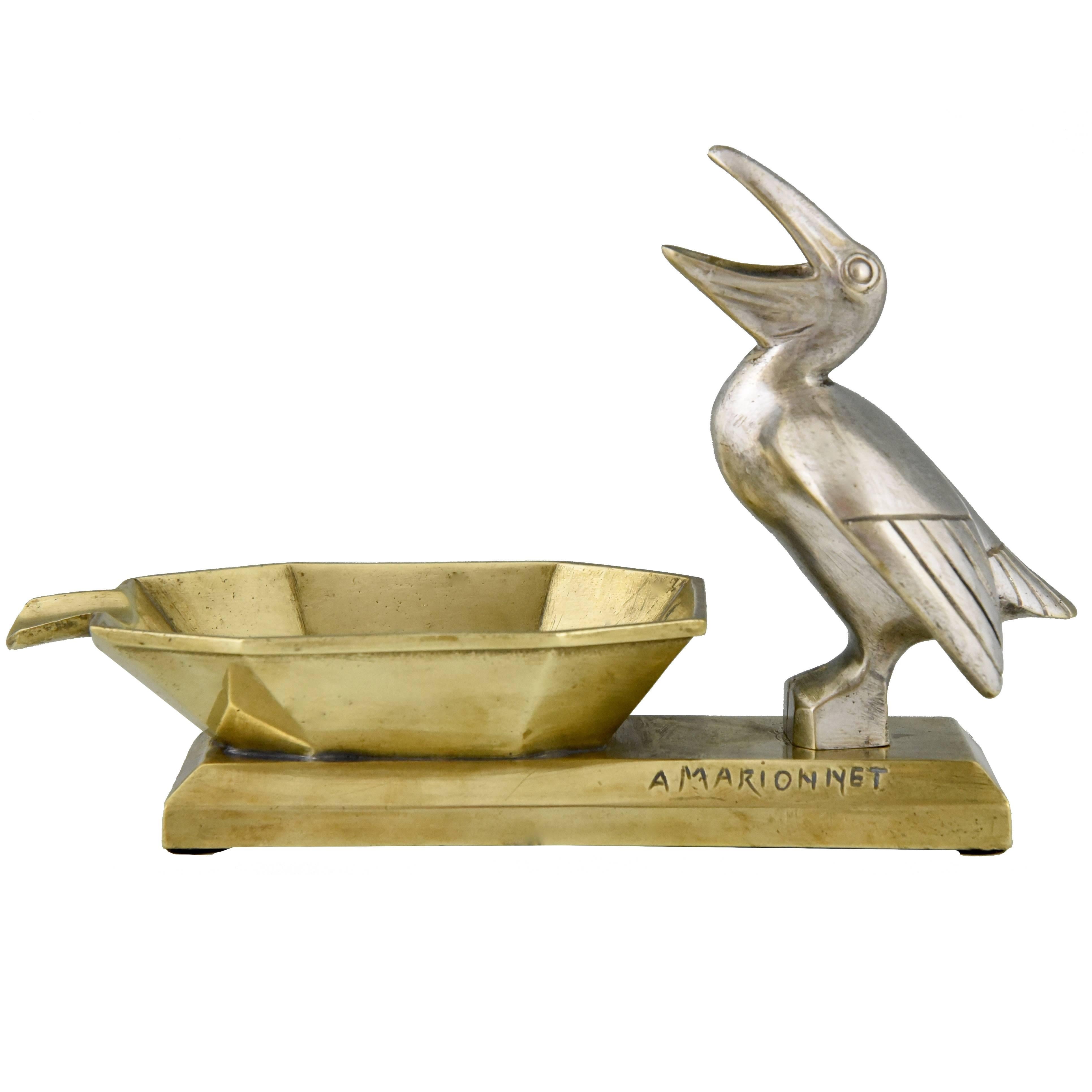 Art Deco Bronze Ashtray with Pelican by Marionnet, 1930 France