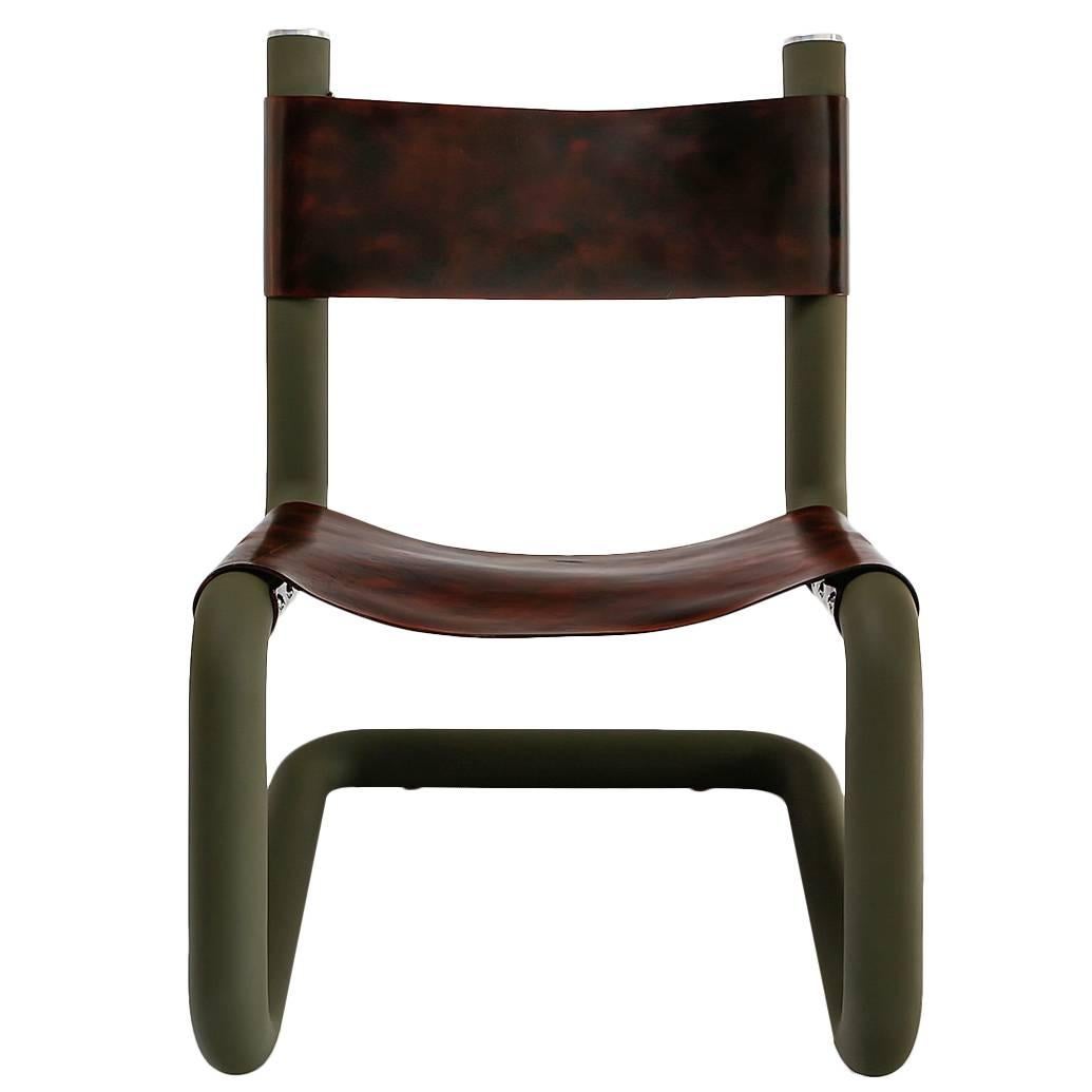Harley Leather Sling Lounge Chair in Matte Olive Green by Philip Caggiano For Sale