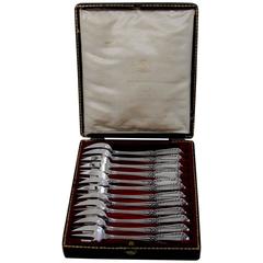 Puiforcat French All Sterling Silver Oyster Forks Set 12 Pieces Box Pompadour