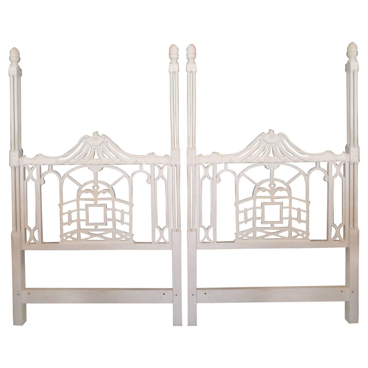 Pagoda Twin Headboards Vintage Pair Chinese Chippendale Hollywood Regency