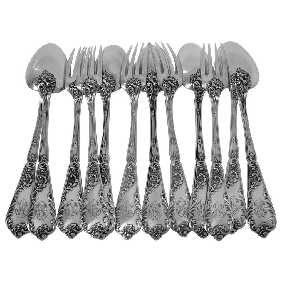Lapeyre Gorgeous French Sterling Silver Dinner Flatware Set of 12 Pieces Rococo For Sale