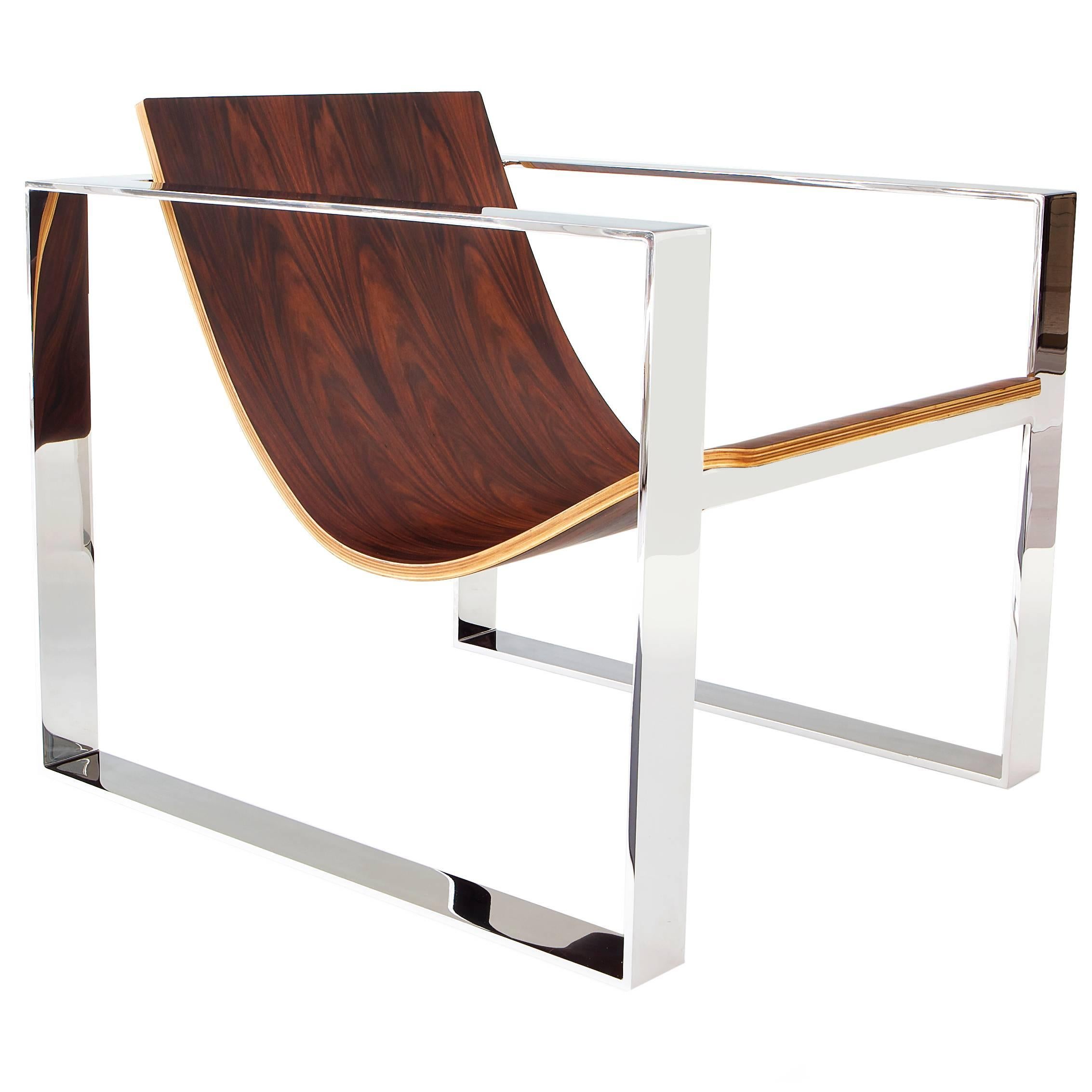 Slyde Lounge Chair in Polished Stainless Steel and Brazilian Rosewood For Sale