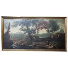 Antique Framed Pastoral Oil Painting on Canvas
