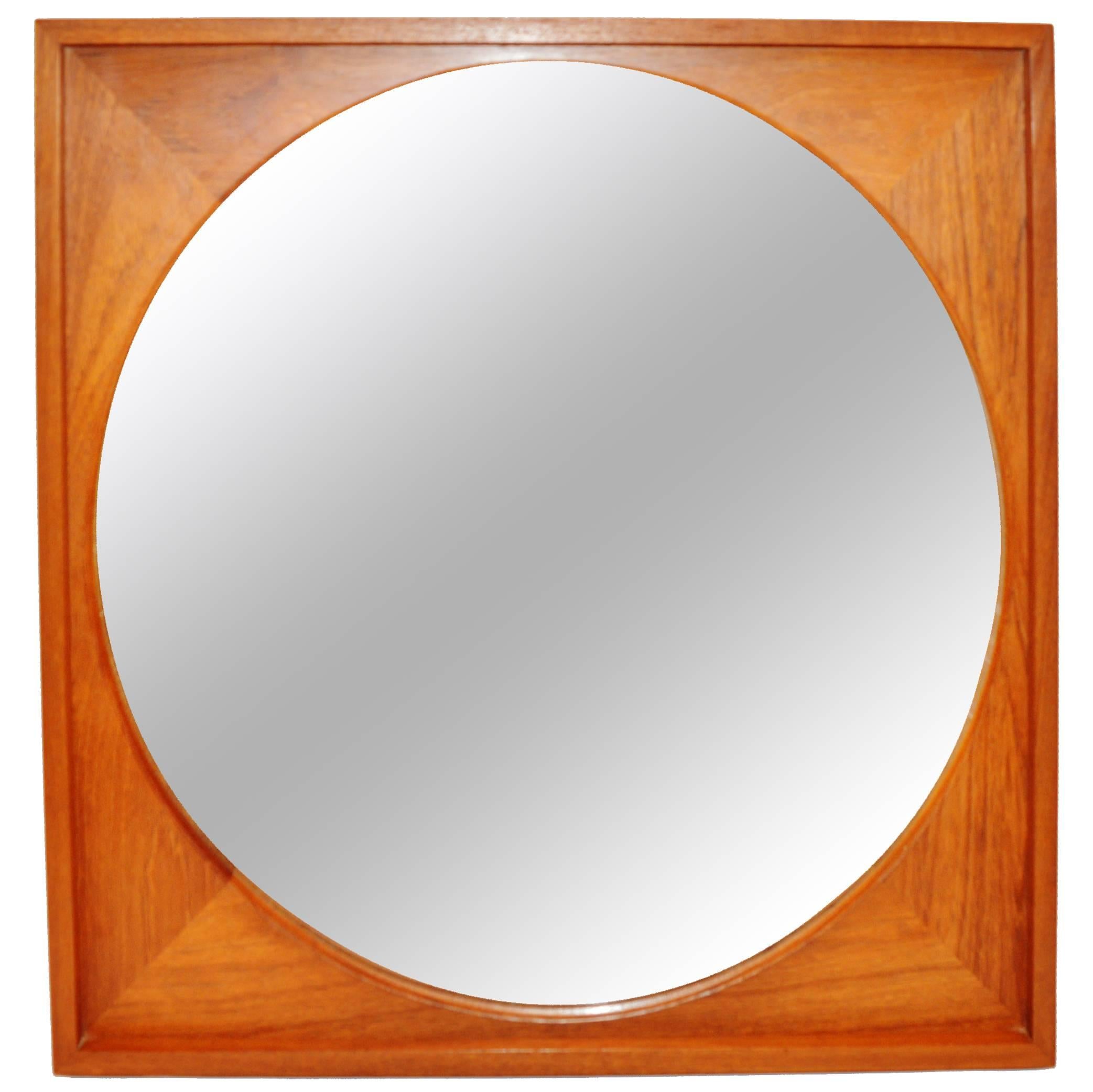 Teak Square Framed Round Mirror, Made in Denmark