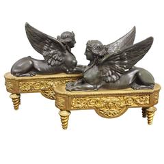 Pair of Antique French Gilt and Patinated Bronze Sphinx Chenets