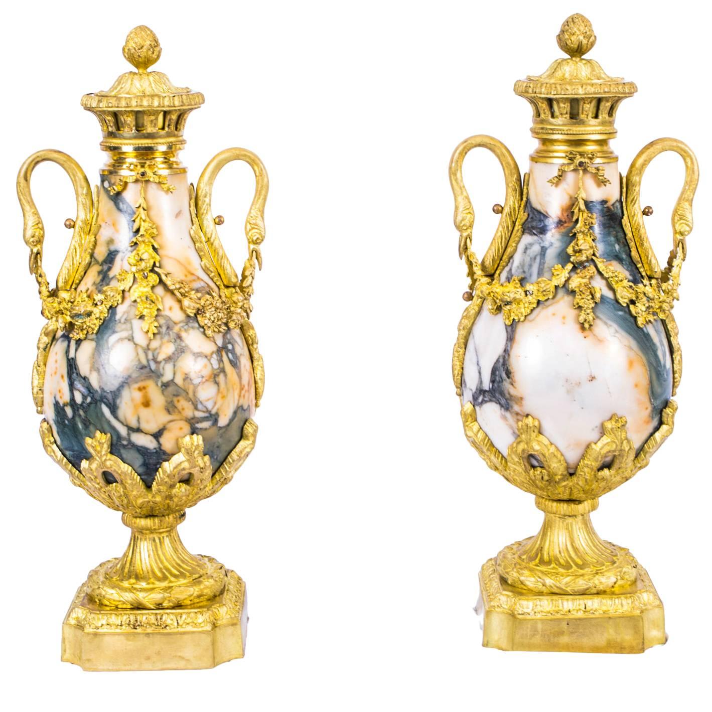 19th Century Pair of Louis XV French Carrara Marble Urns