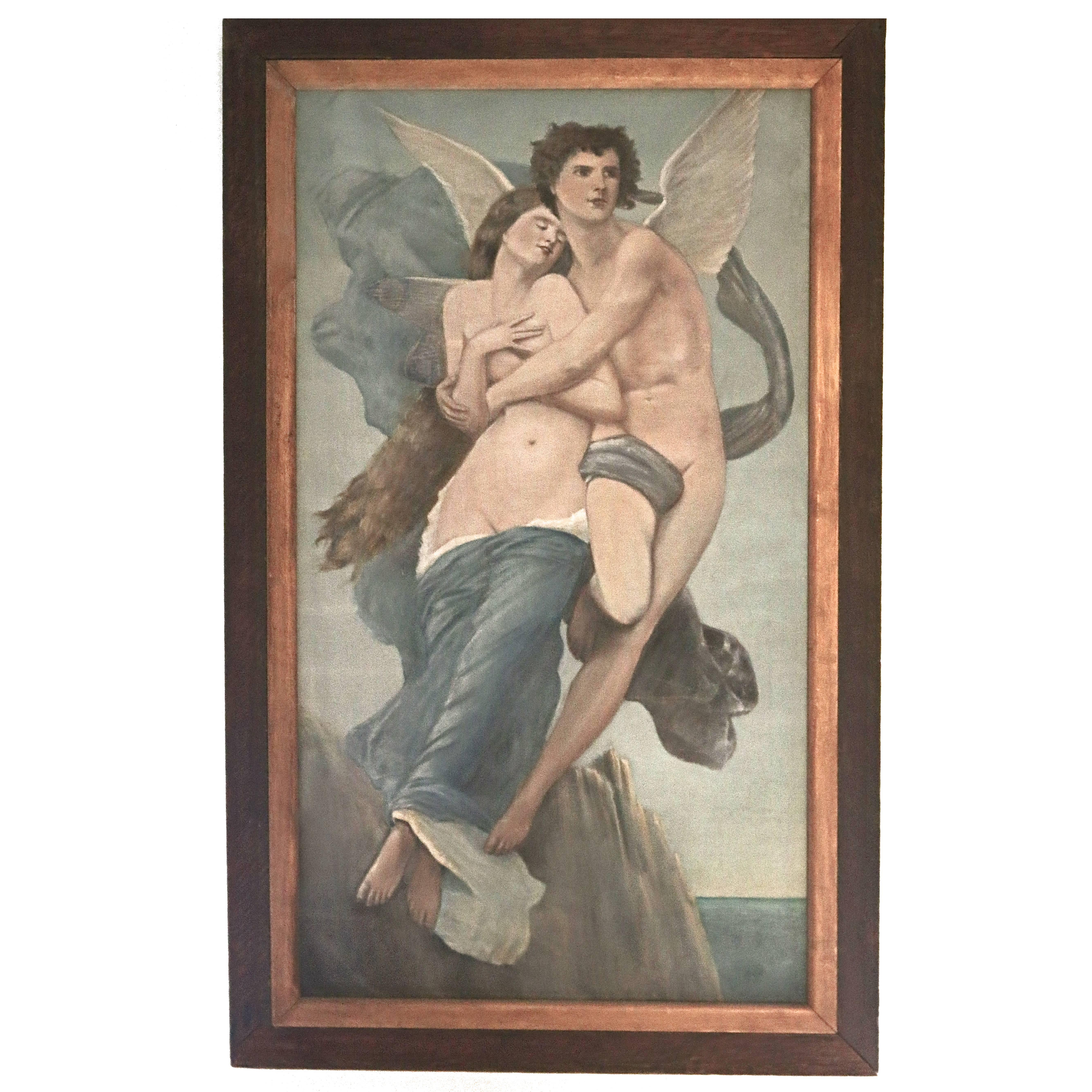 Antique Oil Painting of Legendary Lovers 'Eros (Cupid) and Psyche' For Sale