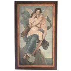 Antique Oil Painting of Legendary Lovers 'Eros (Cupid) and Psyche'