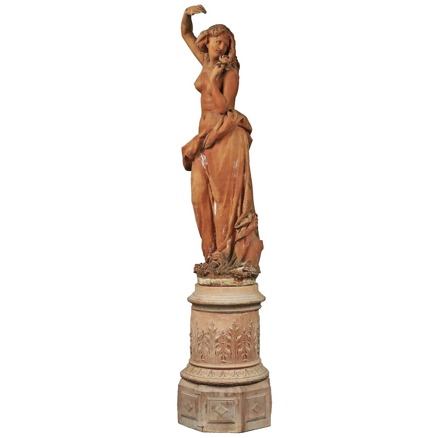 Monumental Italian 19th Century Terra Cotta Statue and Base For Sale at