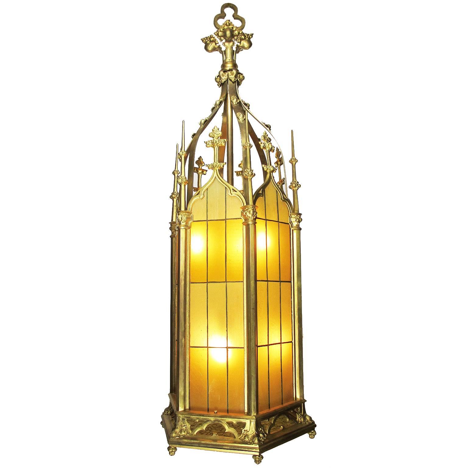 Set of Four Large French 19th-20th Century Gothic Style Gilt Bronze Lanterns For Sale