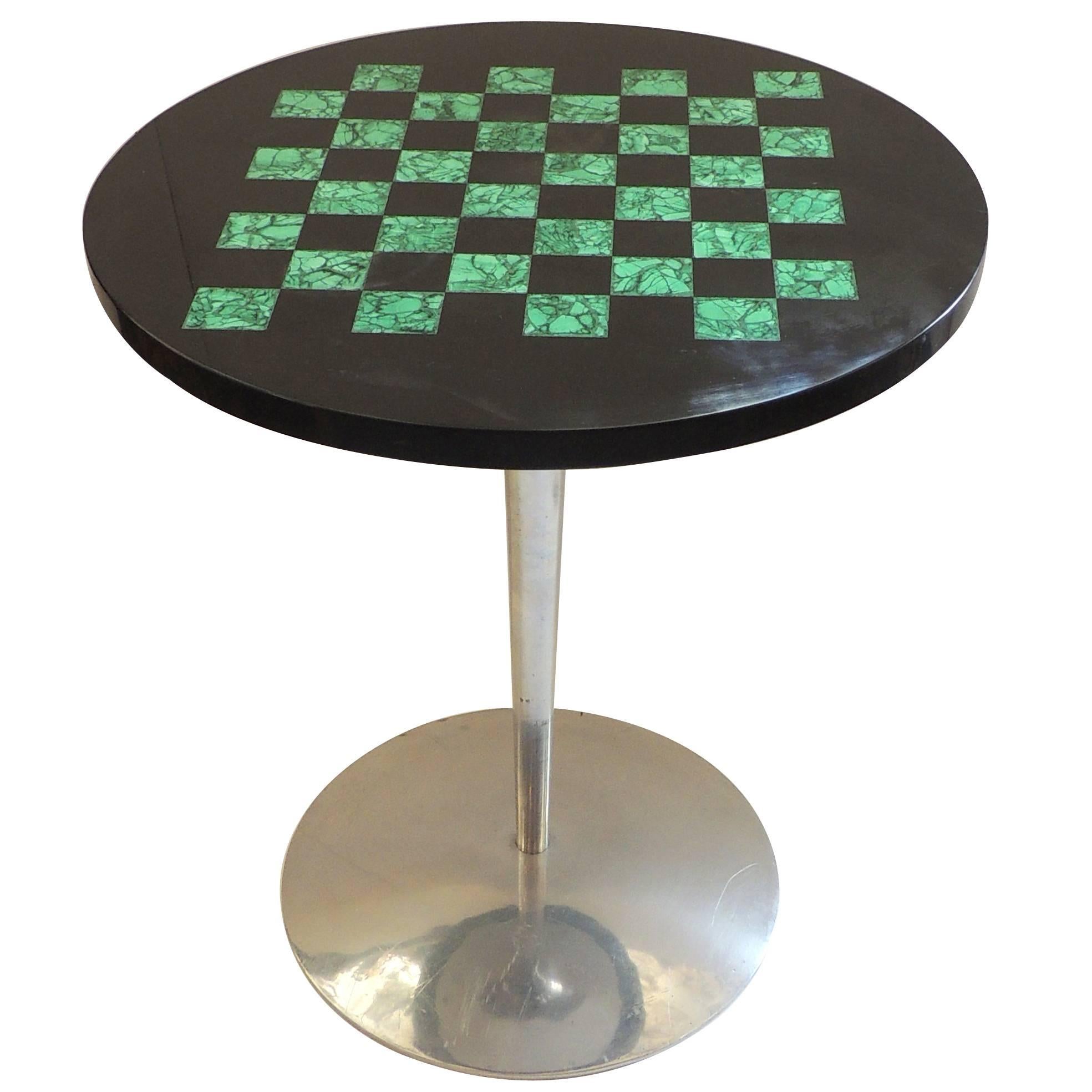 Estelle Laverne Nickel Side Table with Black Marble and Malachite Checker Board