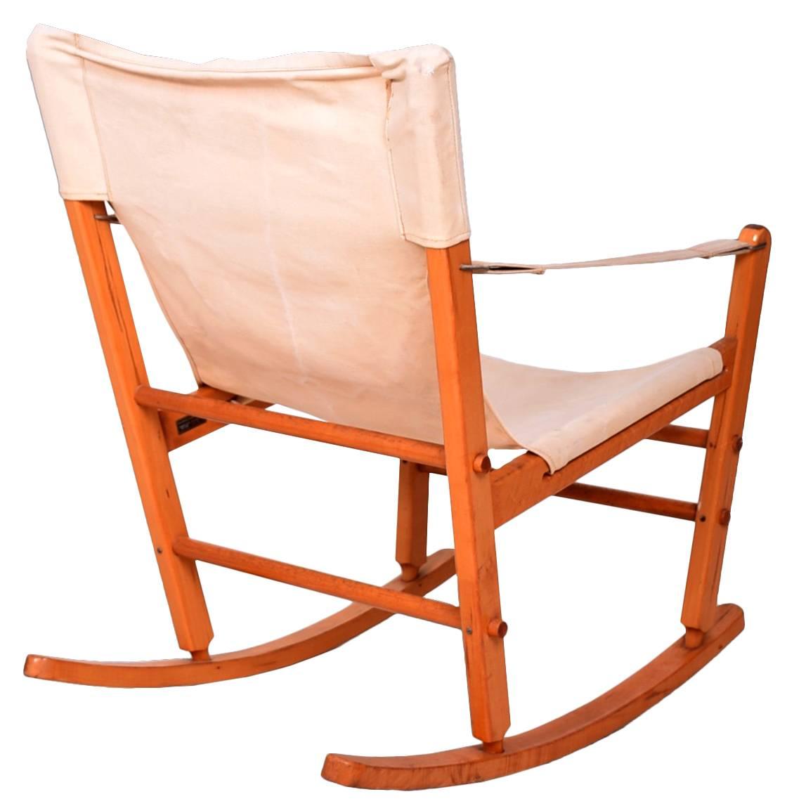 Mid-Century Modern Safari Chair Rocker Solid Maple Canvas Gold Metal Folding Co