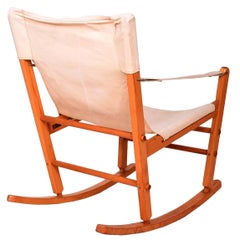 Retro Mid-Century Modern Safari Chair Rocker Solid Maple Canvas Gold Metal Folding Co