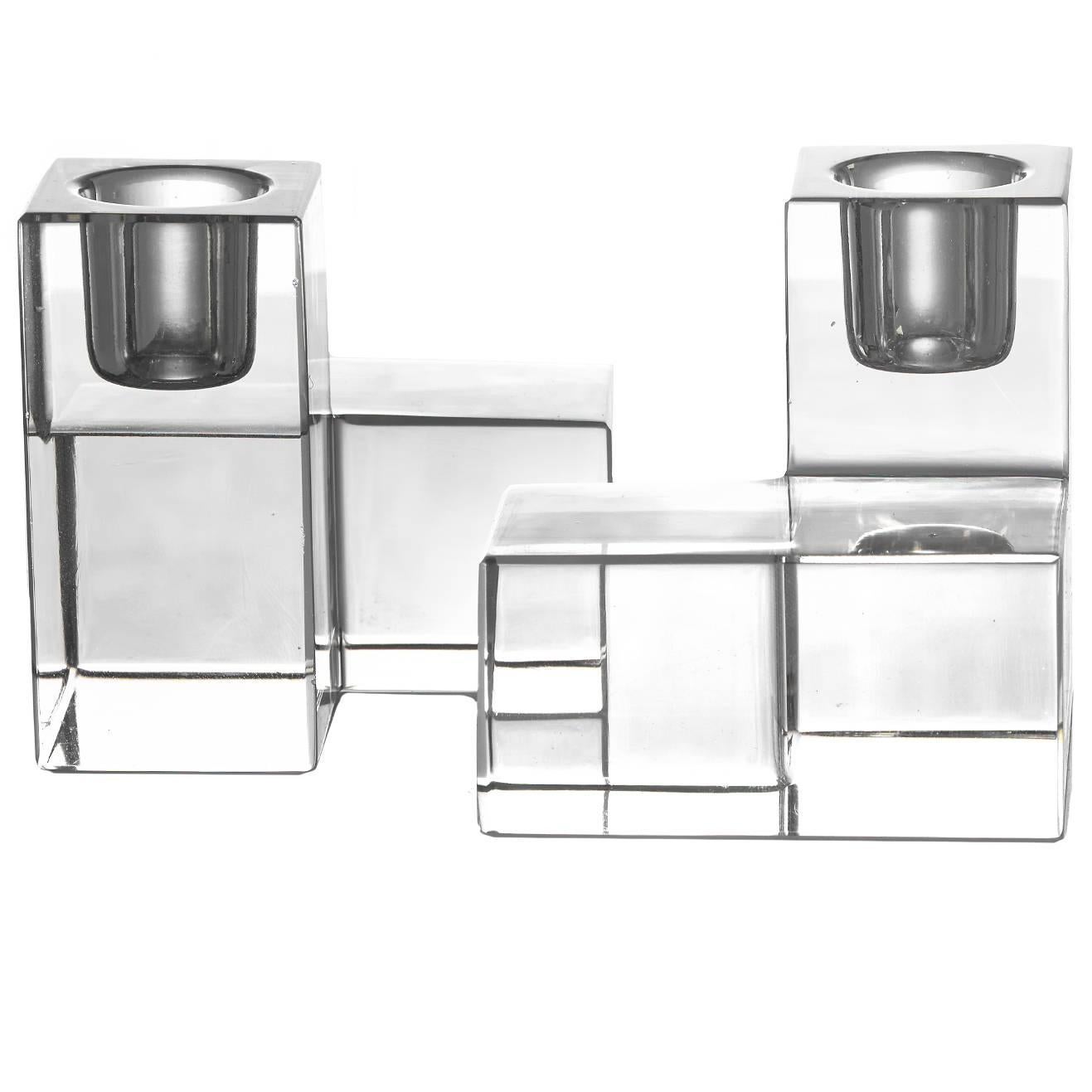 Modernist Cubic Baccarat Crystal Candlesticks