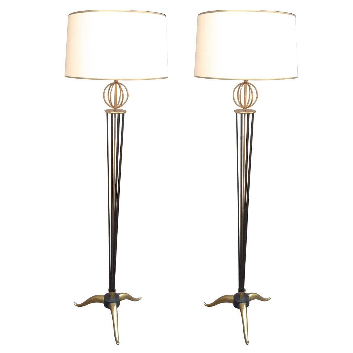 Maison Arlus Documented Pair of Standing Lamps with Globe and Tripod Legs For Sale
