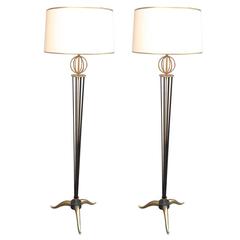 Maison Arlus Documented Pair of Standing Lamps with Globe and Tripod Legs