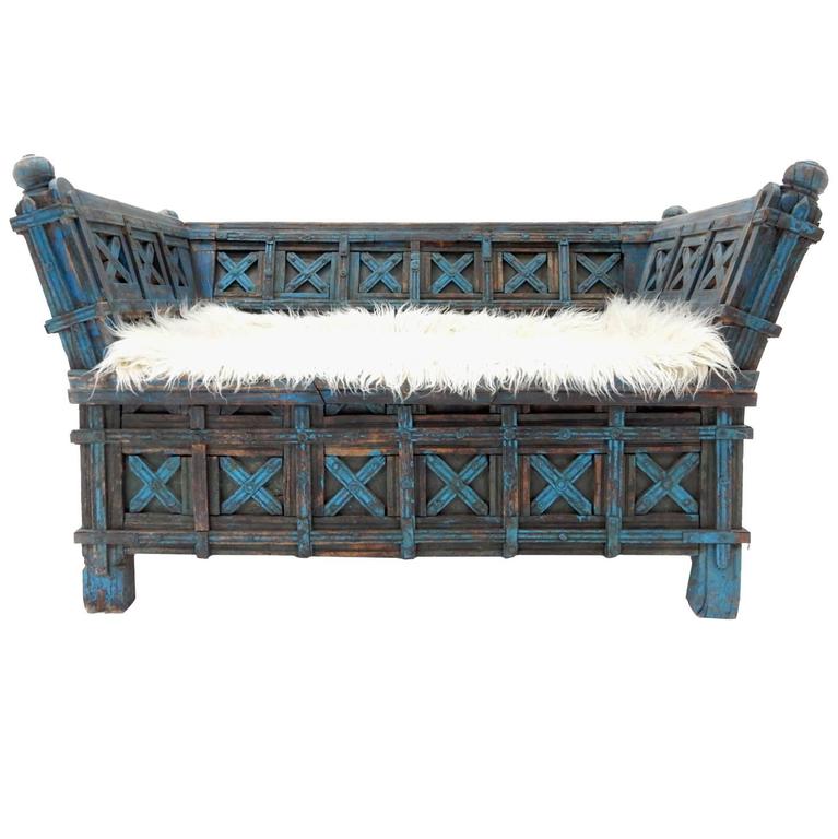 Ancient 19th Century Indonesian Teakwood Sofa With Original Teal Paint