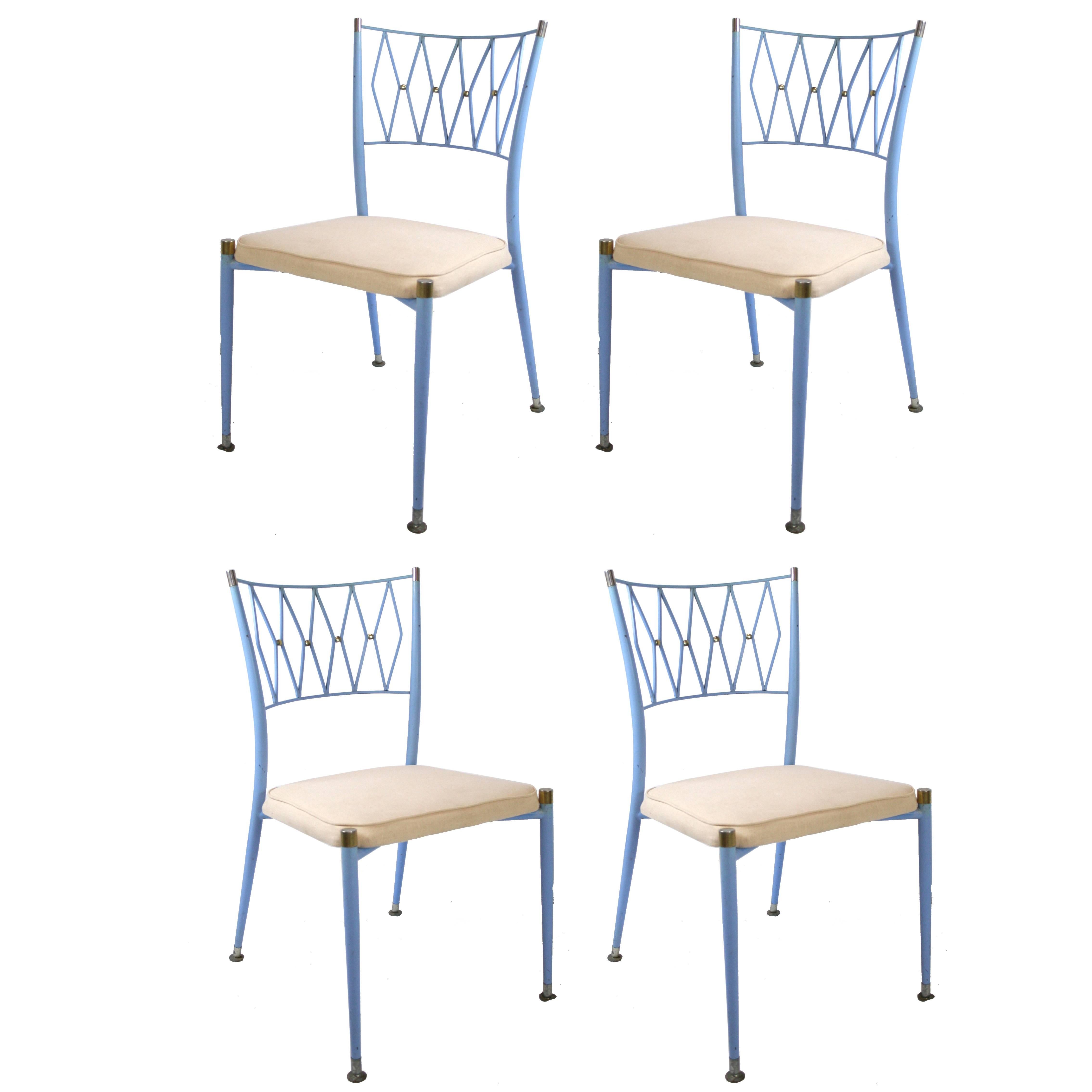 Set of Four Mid-Century French Metal and Brass Dining Chairs