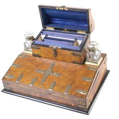 B385 Antique Victorian Burr Walnut Travelling Lap Desk, Writing Slope, Box