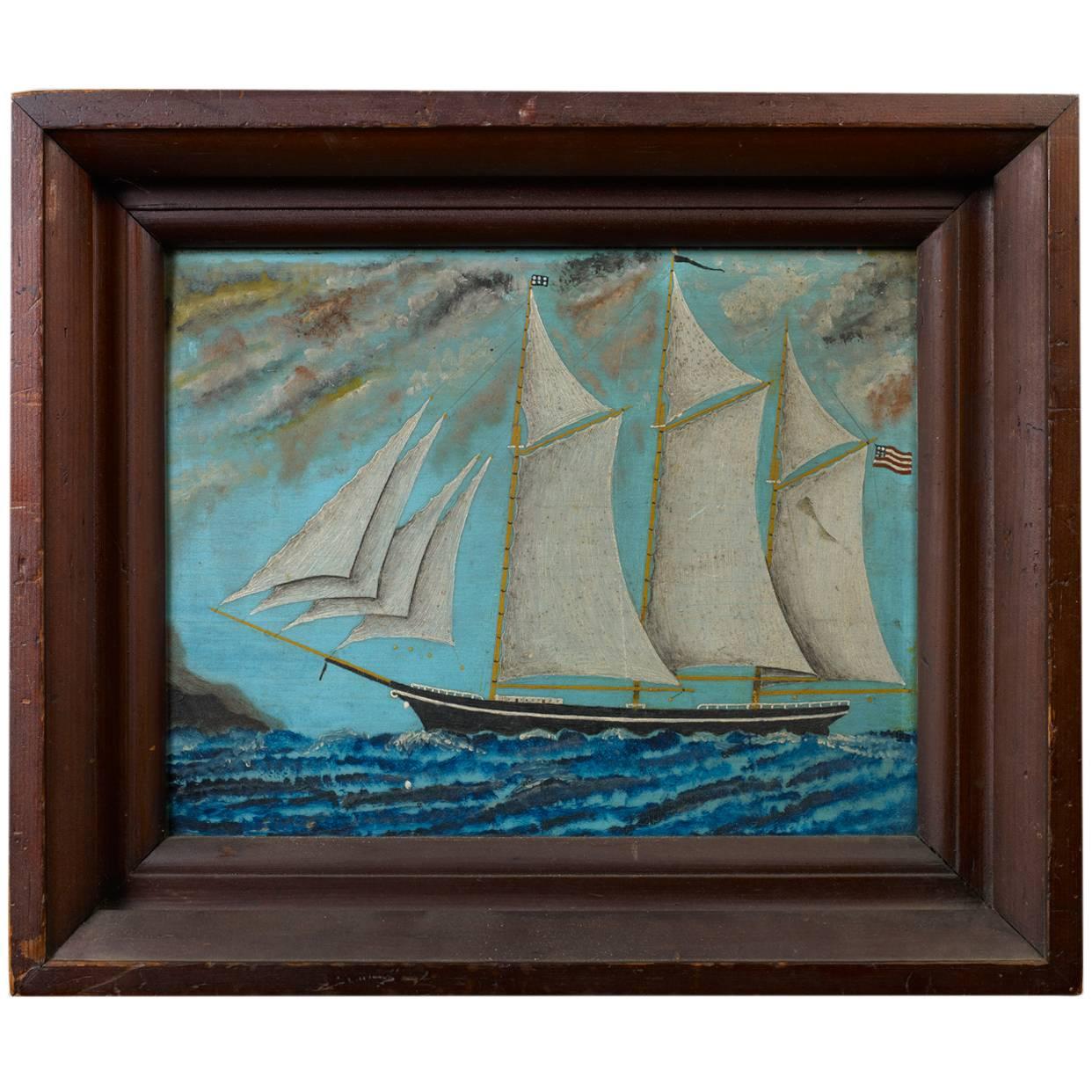 Portrait of a Schooner with American Flag For Sale