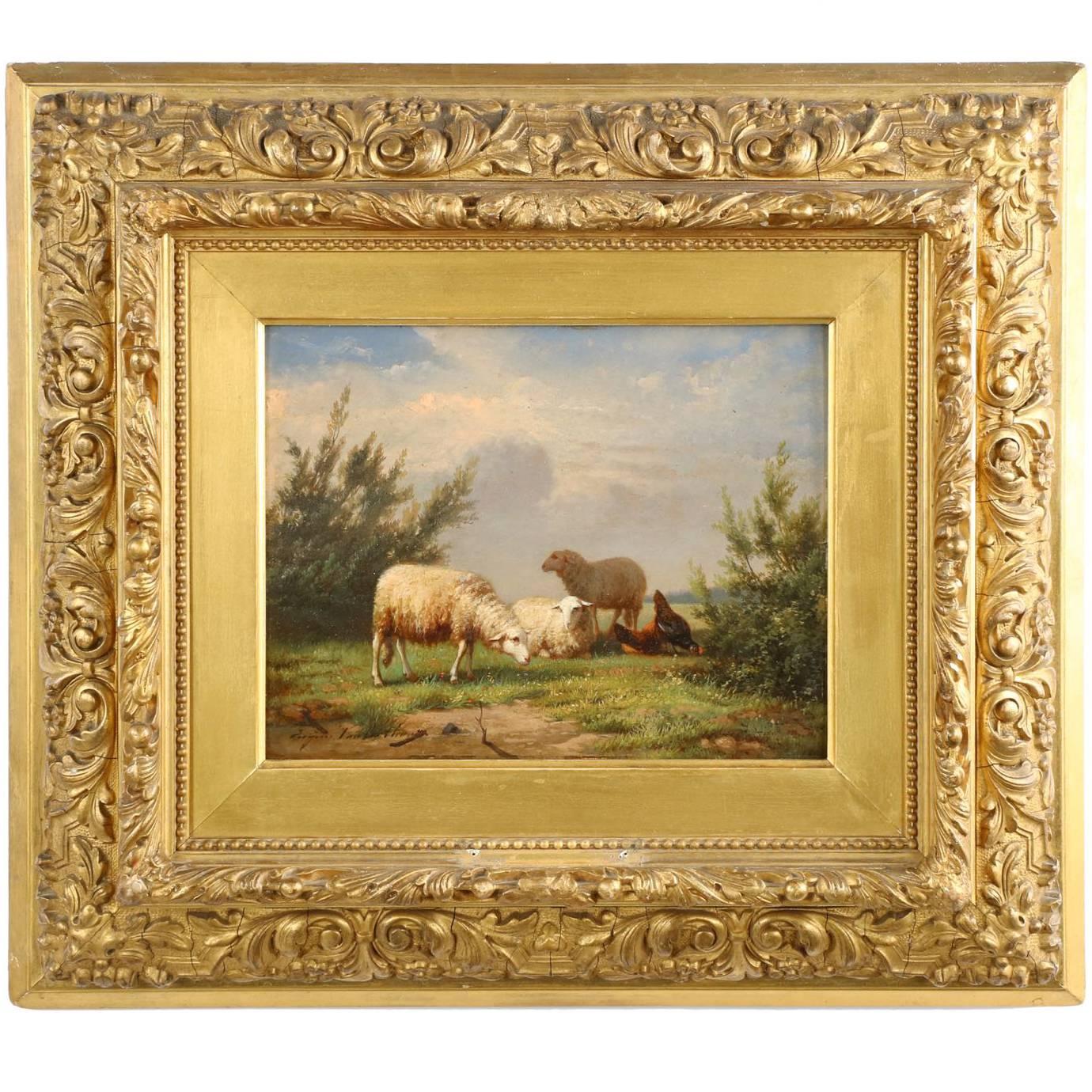 Fine Painting of Sheep at Pasture by Eugene Verboeckhoven, Belgian