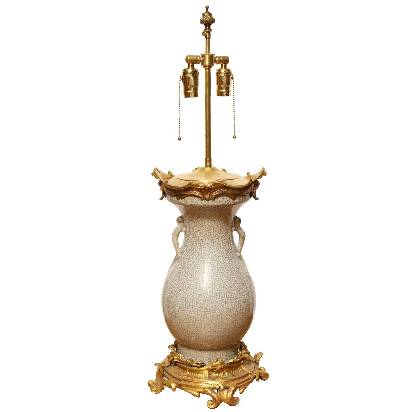 Louis XV Style Ormolu-Mounted Crackle Glaze Vase Mounted as Lamp