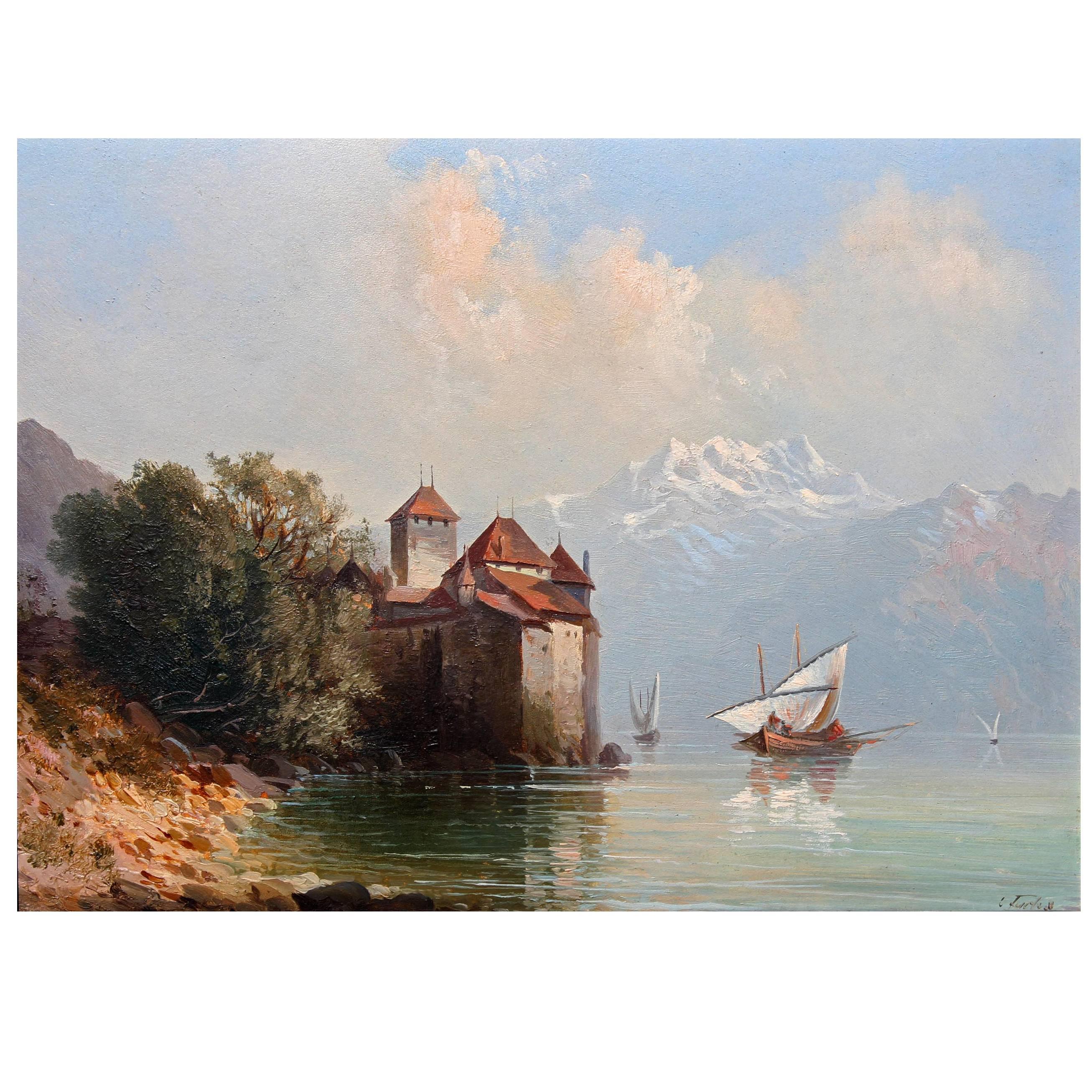  19th Century Oil Painting Chateau Chillon Lake Geneva, Switzerland
