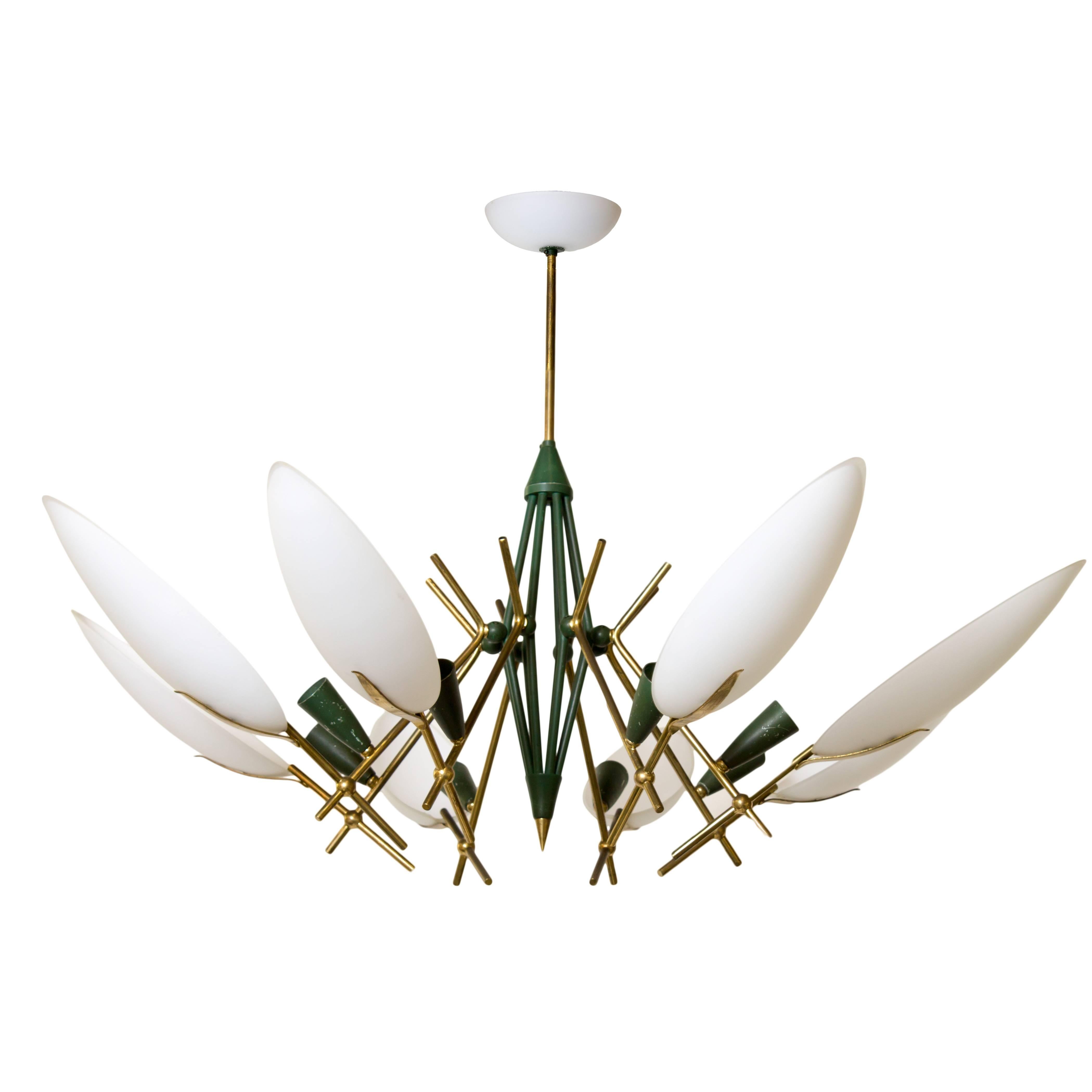 Italian Brass and White Glass Chandelier in the Style of Stilnovo