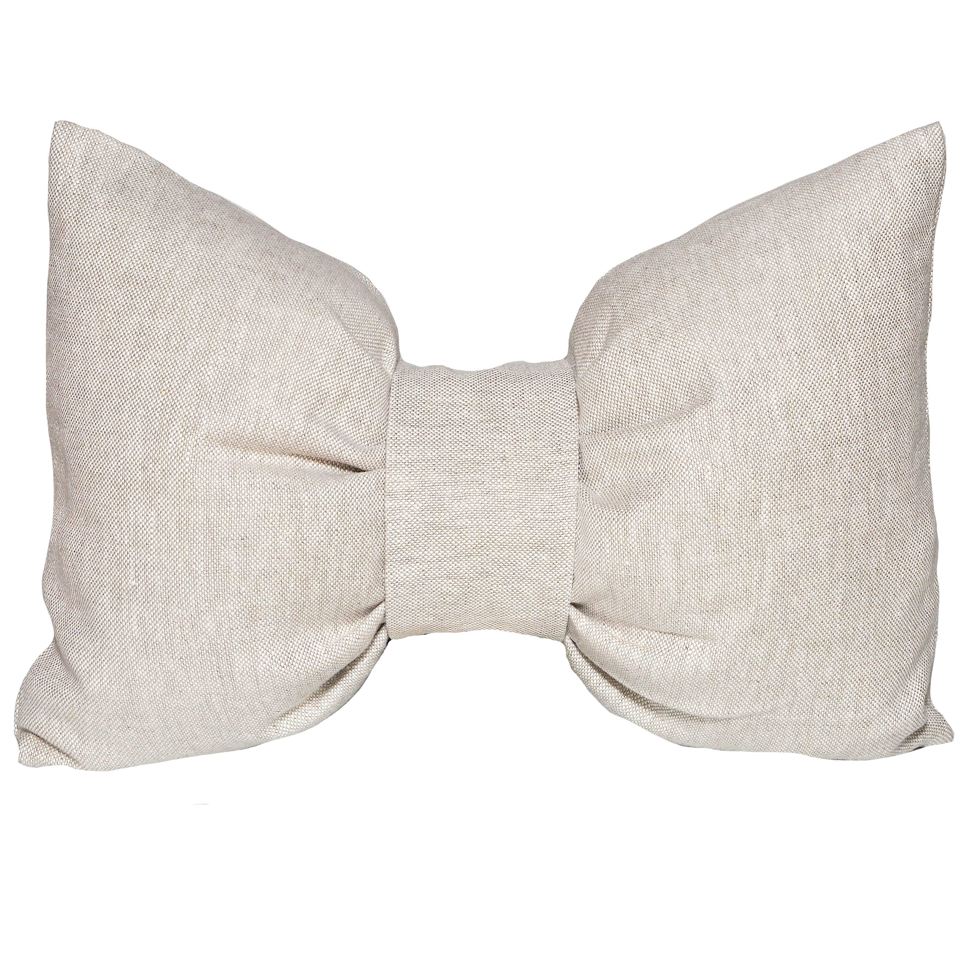 Large Designer Bow Pillow in Vintage Irish Linen Natural Oatmeal Cushion For Sale