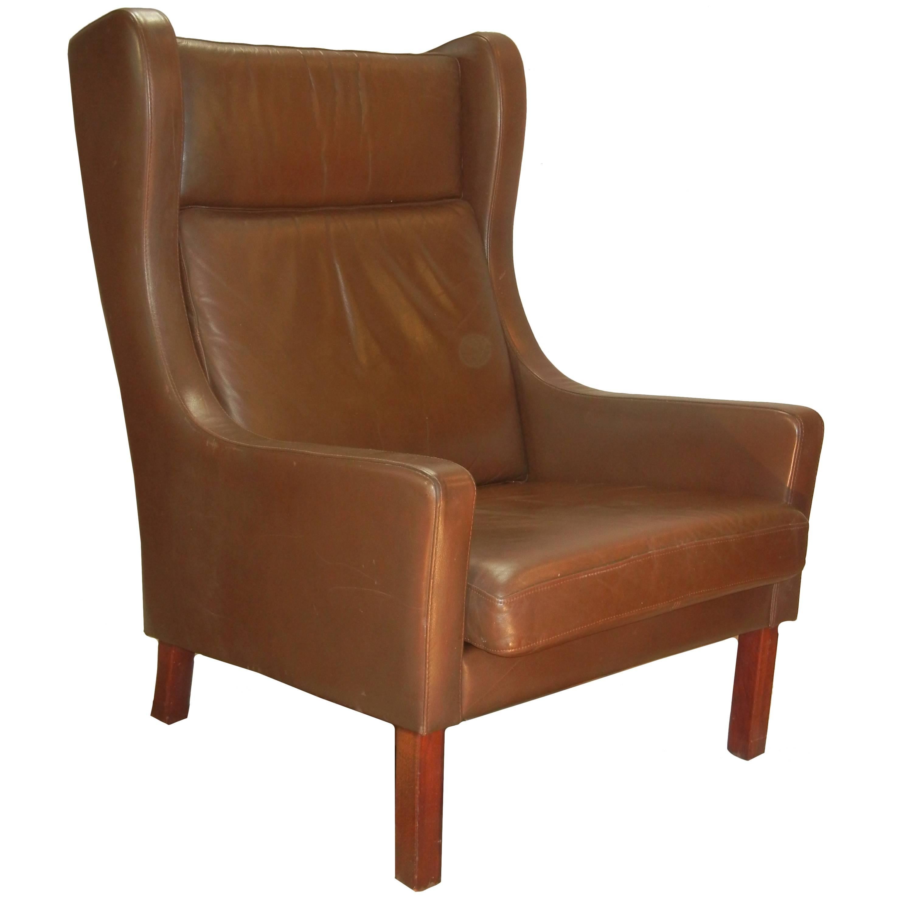 Leather Wing Chair in Danish Modern Børge Mogensen Style, circa 1970