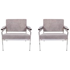 Pair of Sergio Rodrigues 'Beto' Chenille Armchairs with Jacaranda Arms