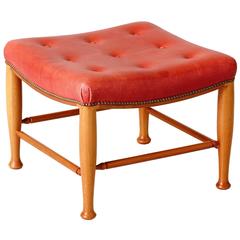 Josef Frank Stool Model 902, Mahogany with Red Leather, Sweden, 1950s