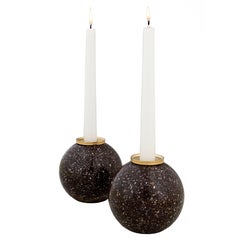 A Pair of Swedish Gilt Bronze and Blybergs Porphyry Spherical Candlesticks