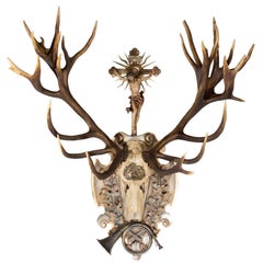 St. Hubertus Red Stag Hunt Trophy with Original Hunt Horn and Crucifix