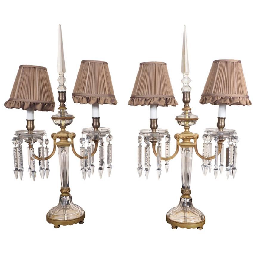 Pair of Vintage Crystal and Bronze Candelabra Lamps
