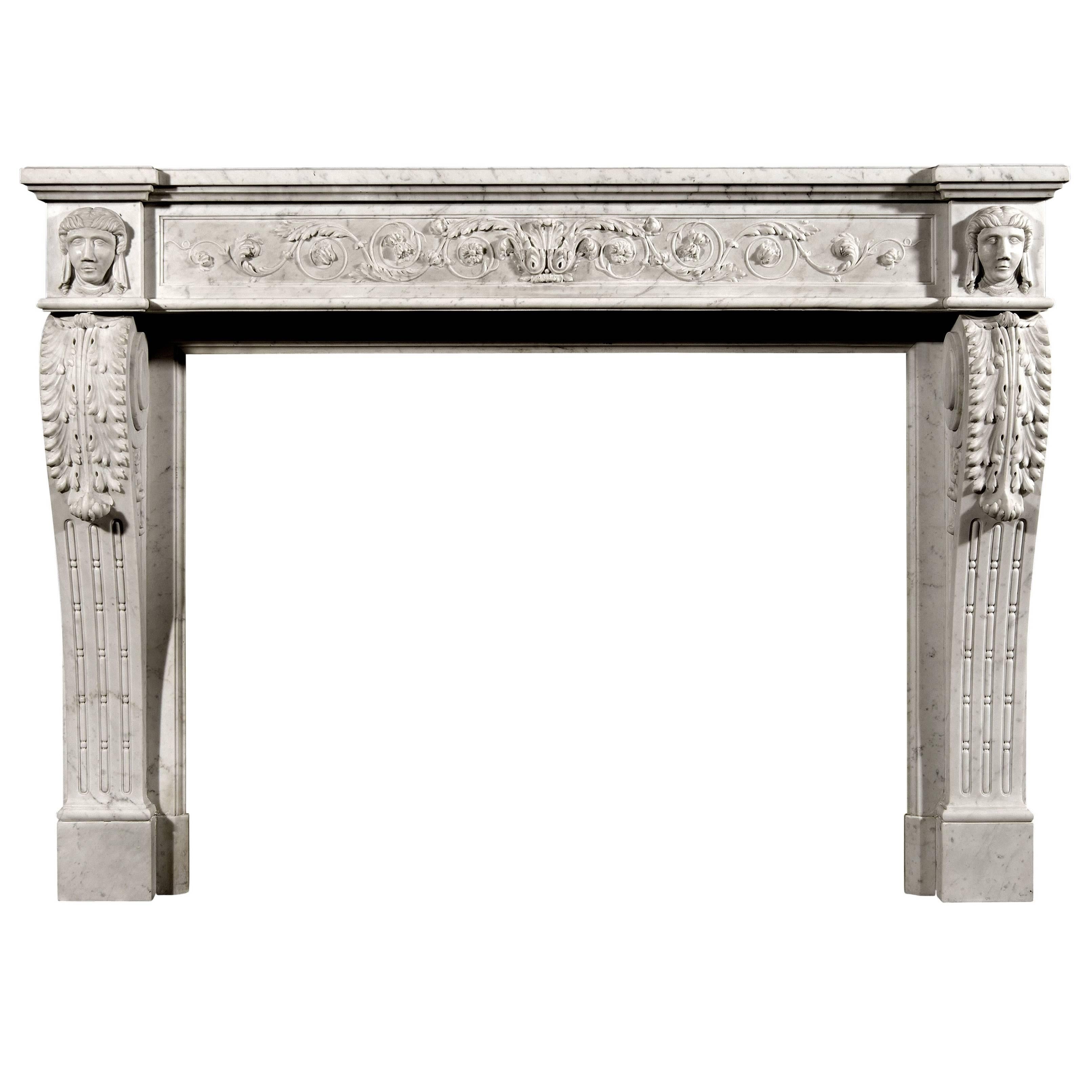 Unusual 19th Century, French XVI Style Carrara Marble Fireplace For Sale