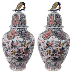 Pair Delft Ginger Jars Painted in Polychrome Colors