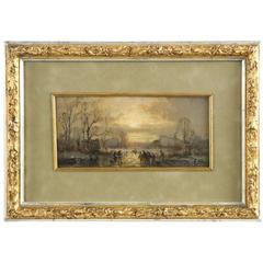 'Figures Skating at Dusk' Barbizon Landscape Painting by Adolf Stademan