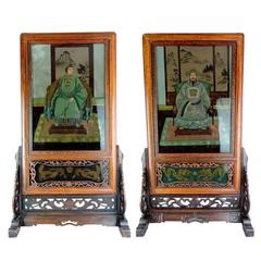 Pair of Chinese Reverse Painted on Glass Table Screens in Rosewood, late 20th C.