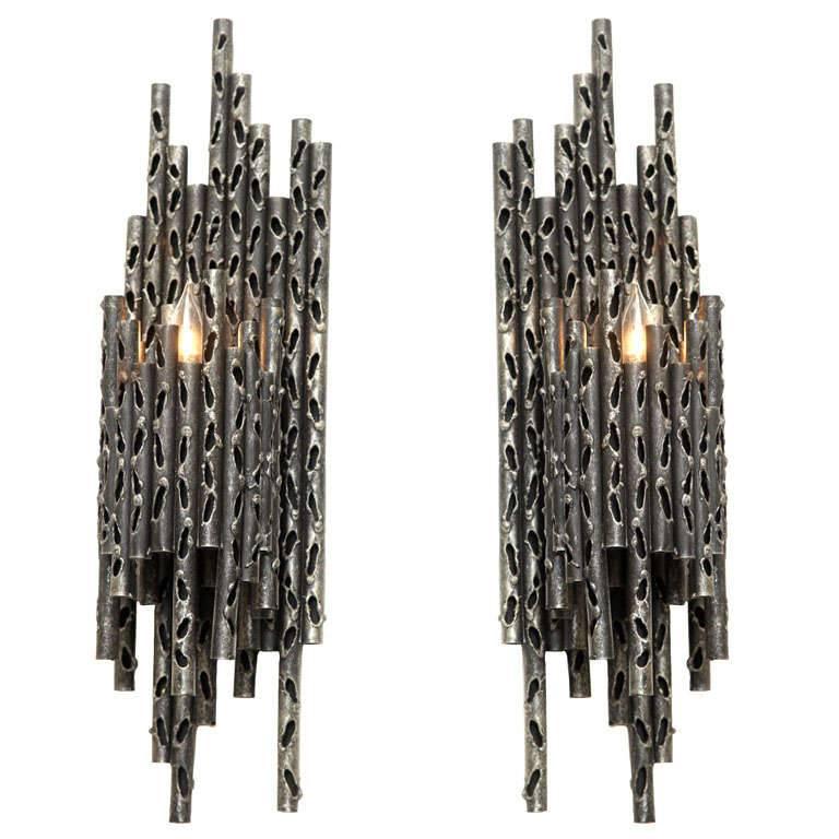 Pair of 1960s Italian Brutalist Iron Wall Sconces