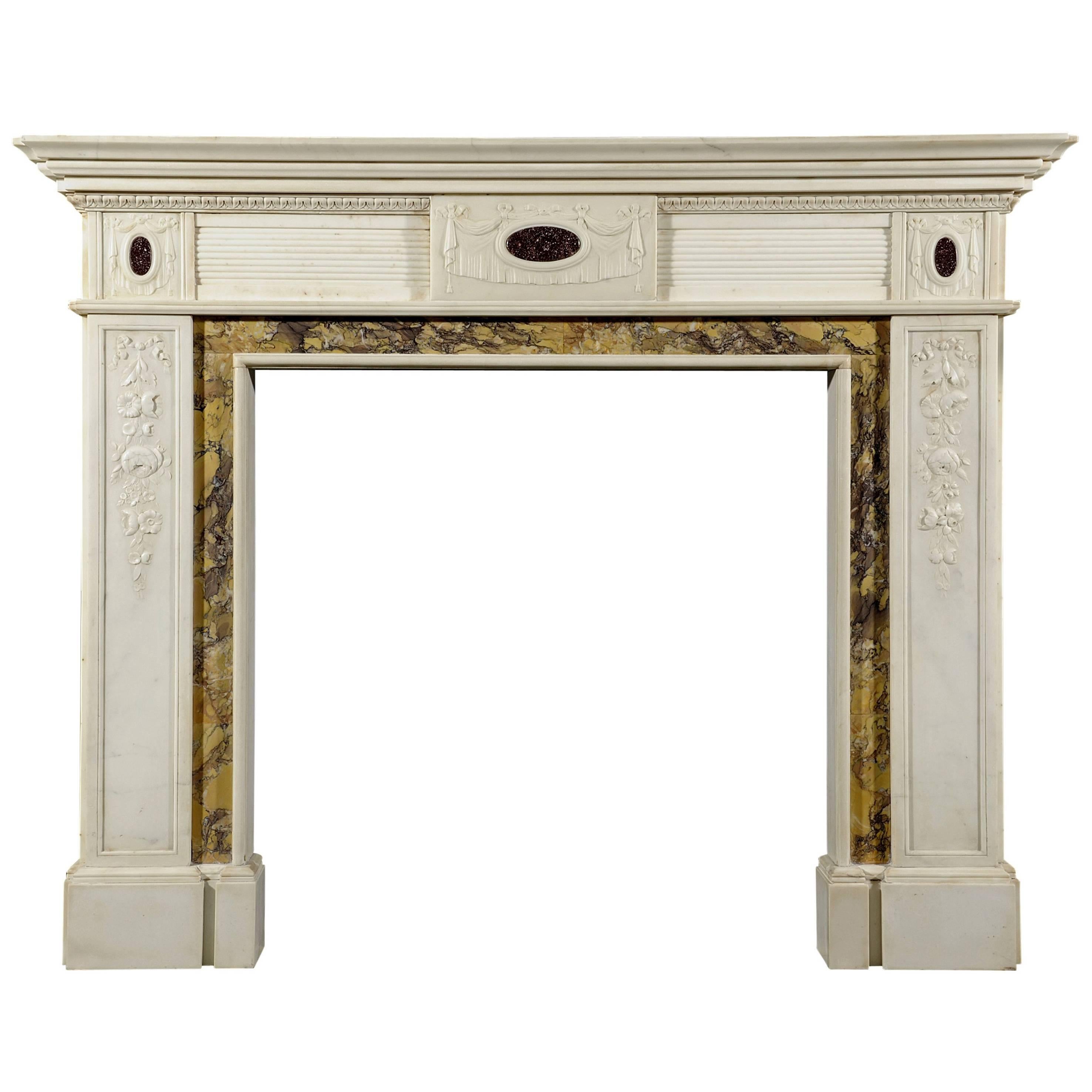 Regency Style Statuary Marble Chimneypiece Inlaid with Porphyry For Sale