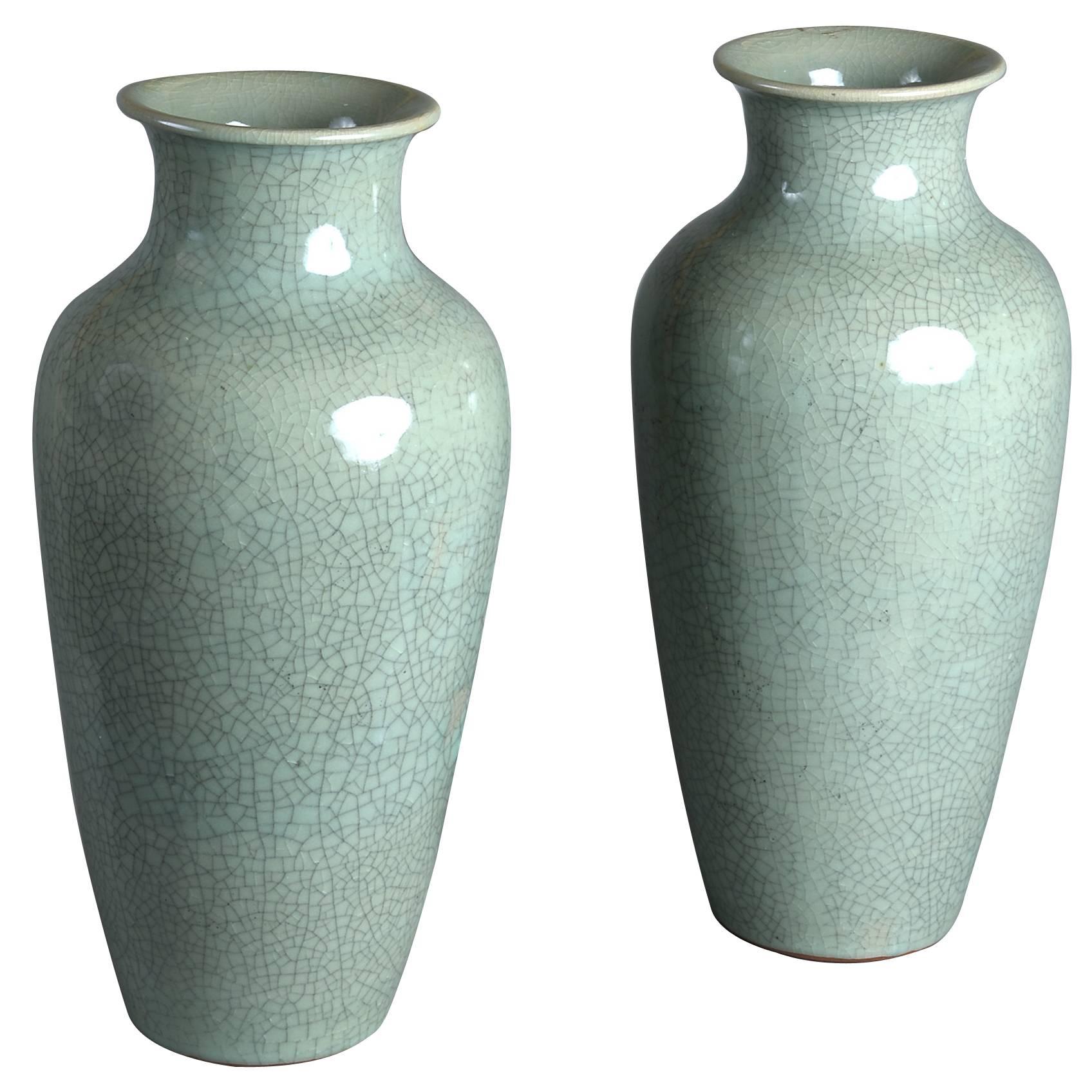 Pair of 19th Century Celadon Crackle Glazed Porcelain Vases
