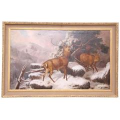 Stag and Doe in a Mountainous Winter Landscape, Victorian Oil on Canvas