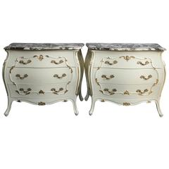 Pair of Louis XV Style Bombe Paint Decorated Marble-Top Chests